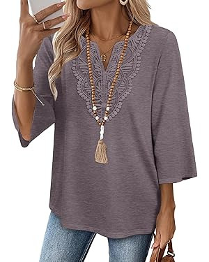 WIHOLL 3/4 Length Sleeve Womens Tops Boho V Neck Lace Shirt Trendy Blouses Dressy Casual Vacation... | Amazon (US)