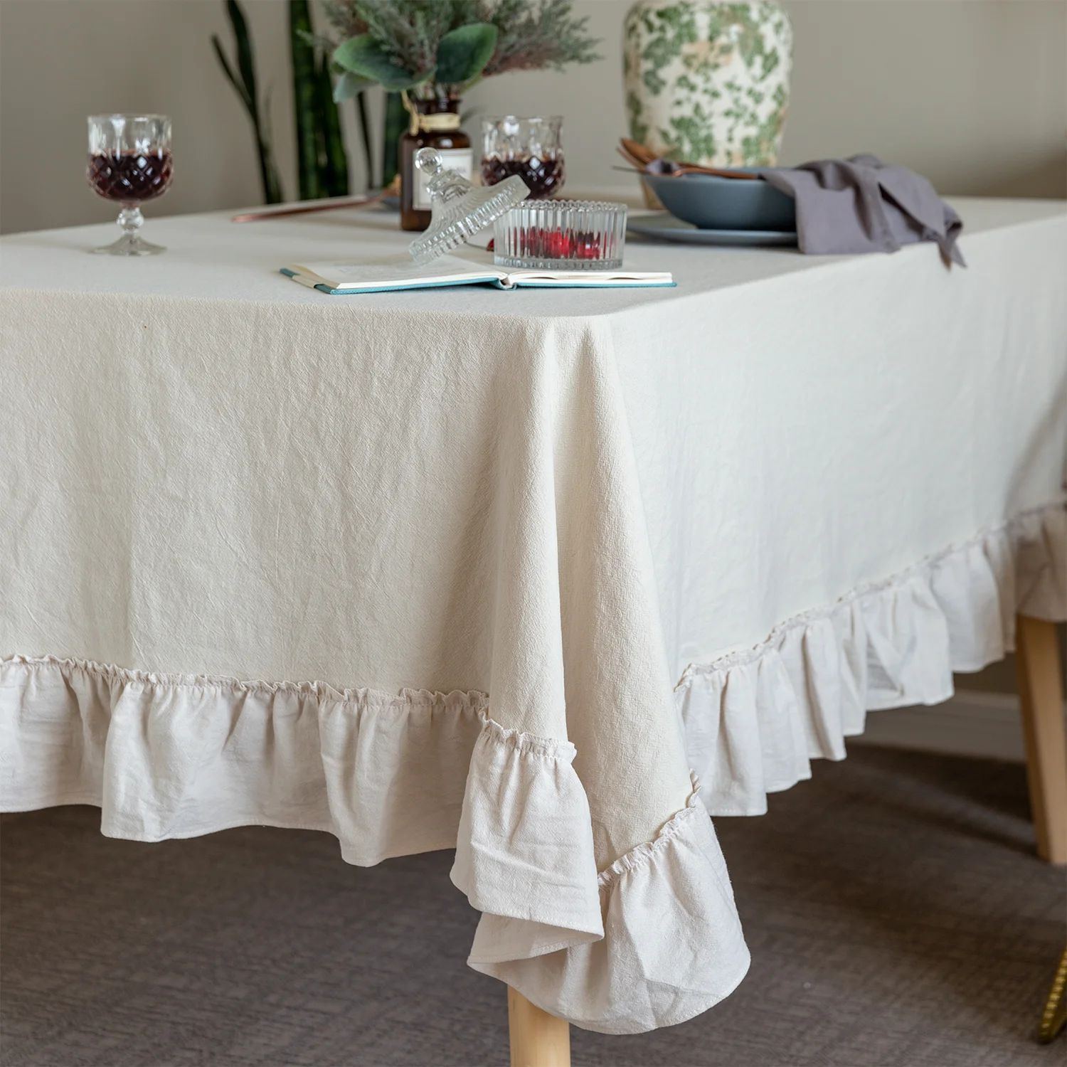 Rosalind Wheeler Lory Season Retro Farmhouse Ruffle Tablecloth Cotton Flounces Trim Washable Tabl... | Wayfair North America