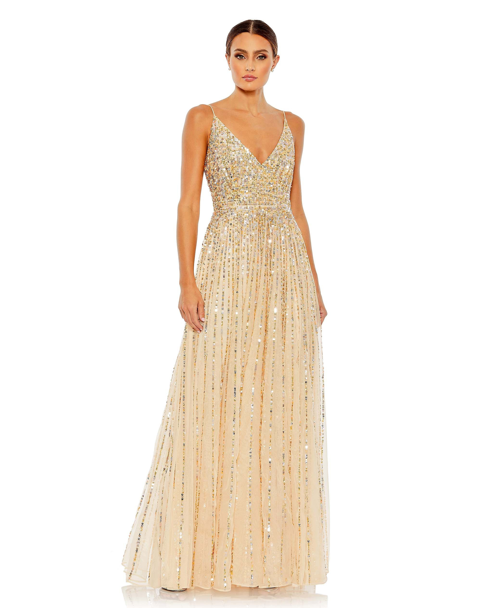 Sequined Sleeveless Wrap Over A Line Gown | Mac Duggal