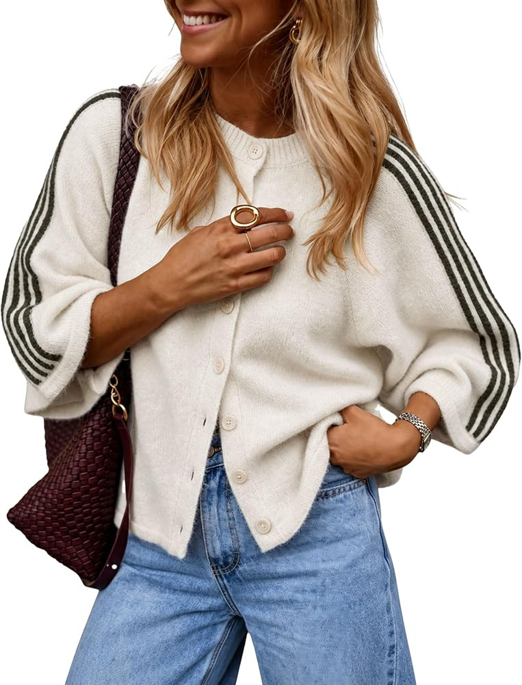 Lightweight Knit Cardigan with 6 Contrast Colorblock Stripes on Sleeves, Crew Neck, Button Closur... | Amazon (US)