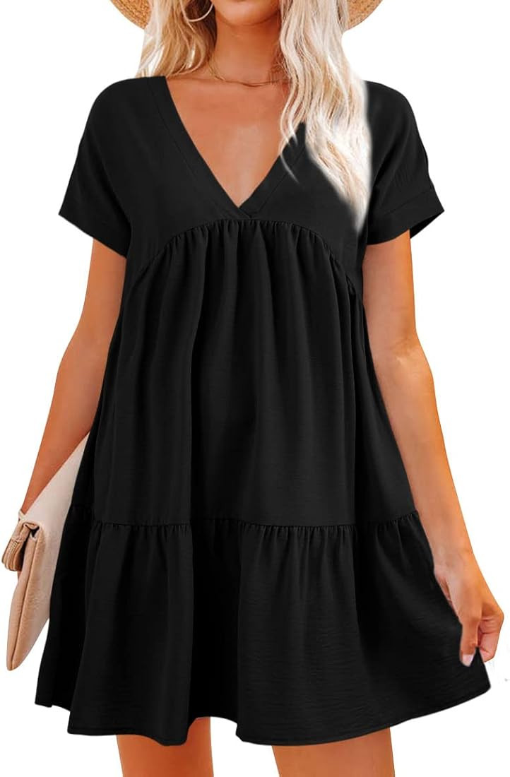 Lueluoye Women V Neck Flowy Dresses Summer Short Sleeve Swing Shift Loose Casual Summer Mini Tuni... | Amazon (US)