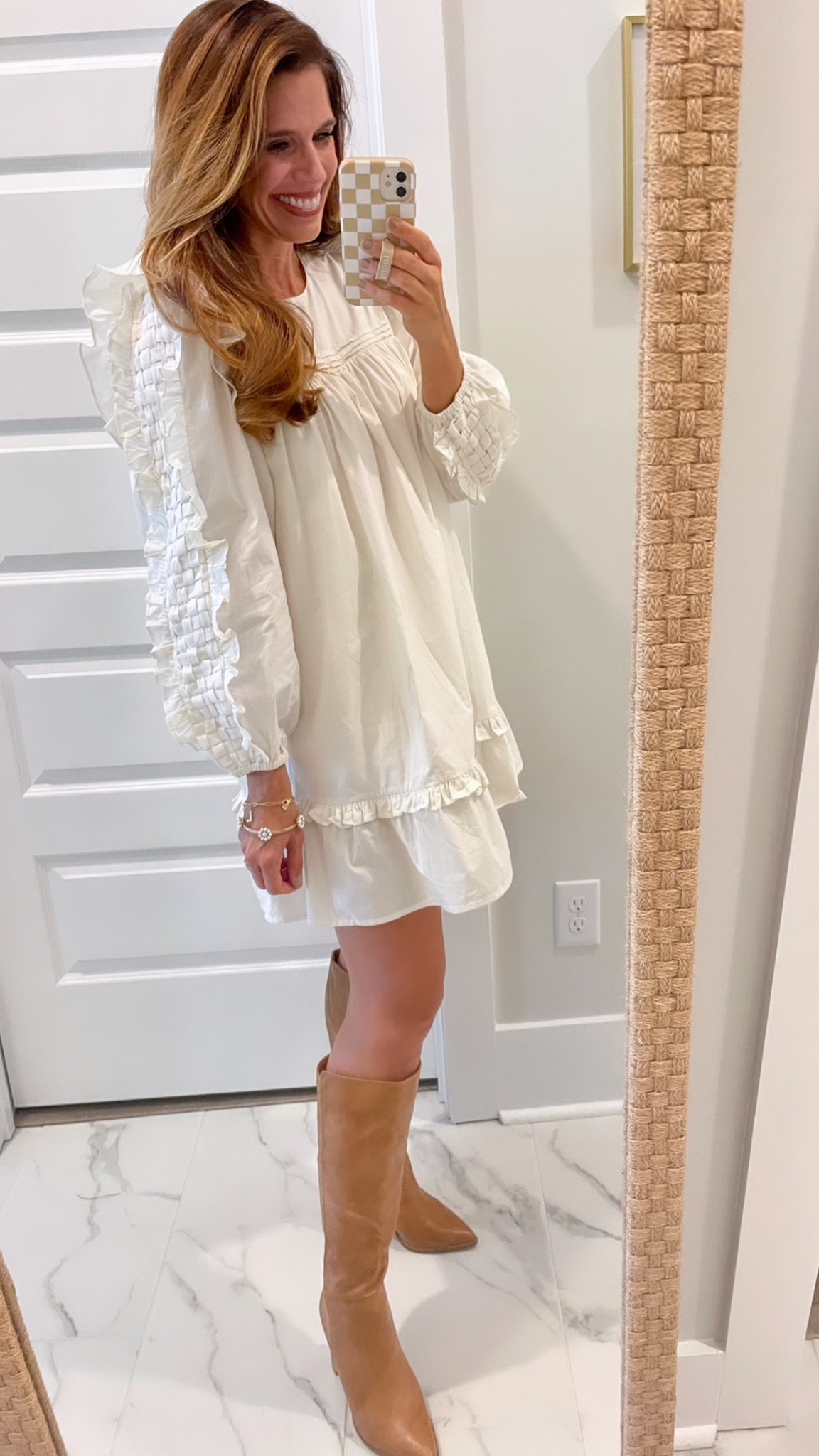 Ivory dress, fall dress with boots, tan tall boots, Family picture outfit, affordable tall tan boots  

#LTKSeasonal #LTKshoecrush #LTKstyletip
