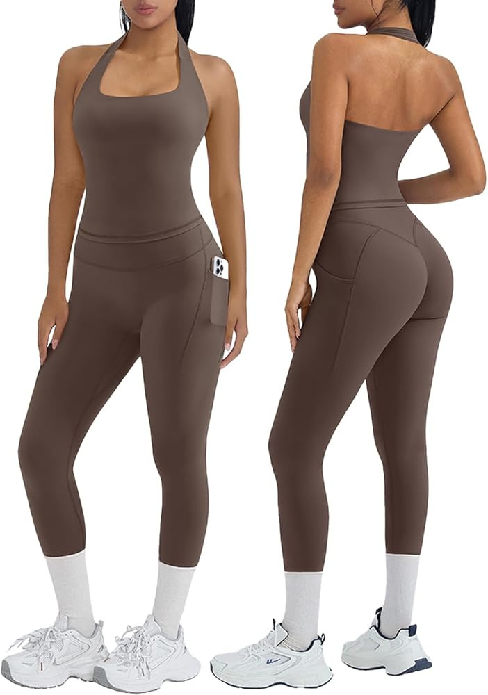OMKAGI 2 Piece Workout Sets for Women Halter Tops Booty Leggings with Pockets Gym Outfits | Amazon (US)