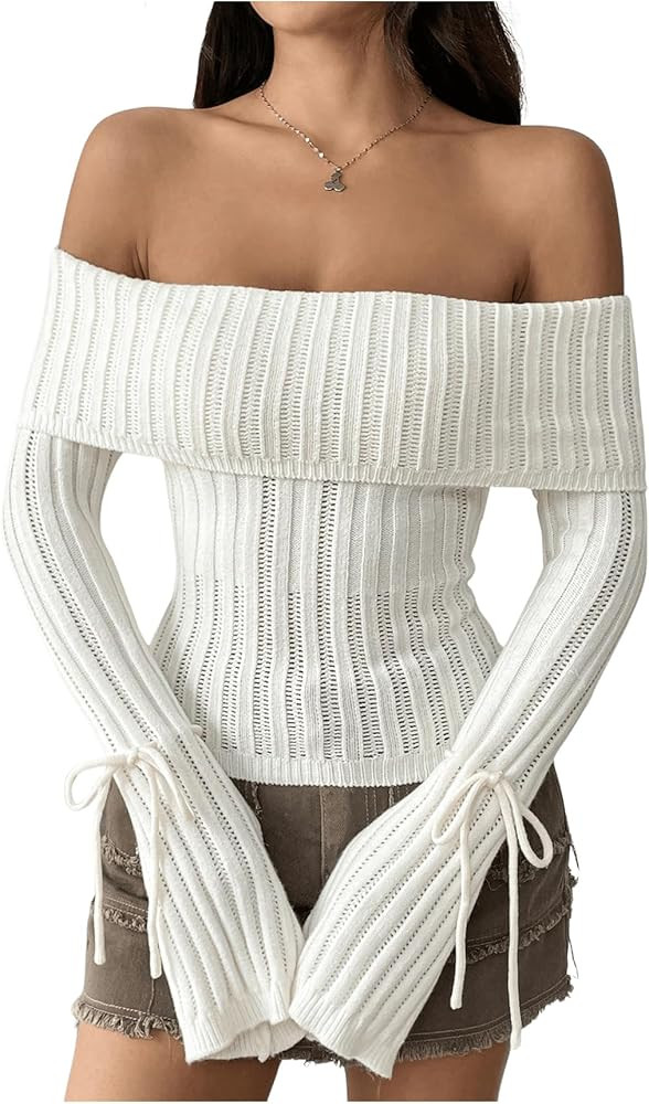 GORGLITTER Women's Bow Off The Shoulder Sweater Top Sexy Long Sleeve Knit Pullover Jumper | Amazon (US)