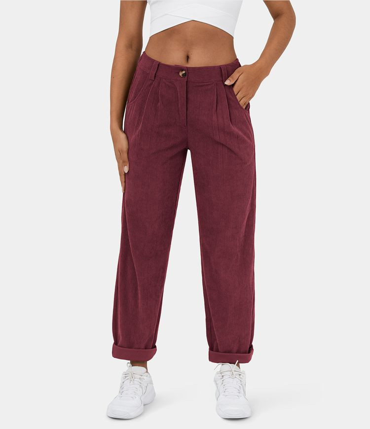 Women’s Mid Rise Button Zipper Side Pocket Corduroy Casual Pants - Halara | HALARA