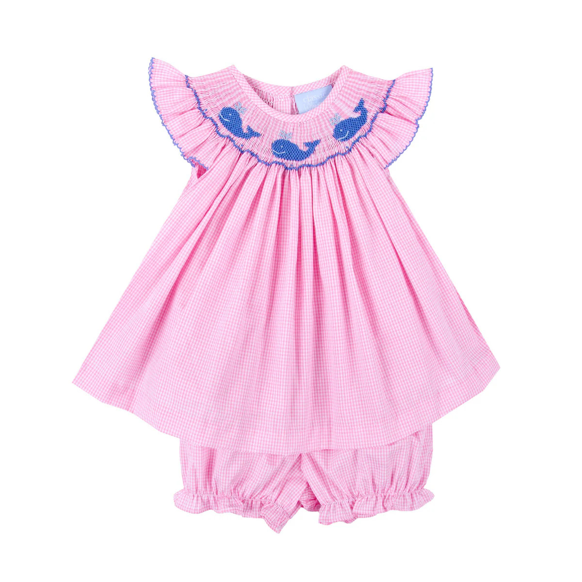 Aquatic Whale Pink Gingham Geo Smocked Angel Sleeve Bloomer Set | Classic Whimsy