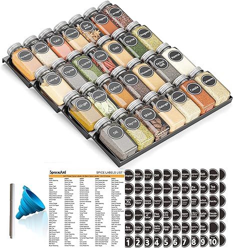 SpaceAid Spice Drawer Organizer with 28 Spice Jars, 386 Spice Labels, Chalk Marker and Funnel Set... | Amazon (US)
