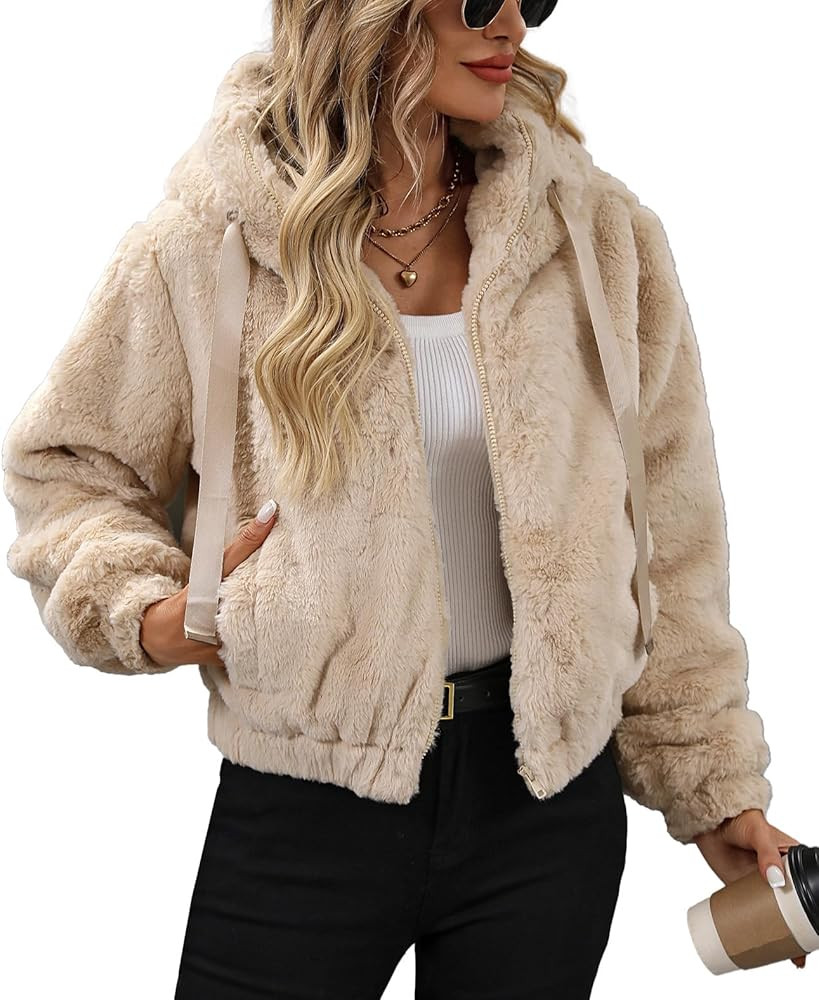 Women's Faux Fur Crop Coat Full Zip Fleece Sherpa Jacket with Hood | Amazon (US)