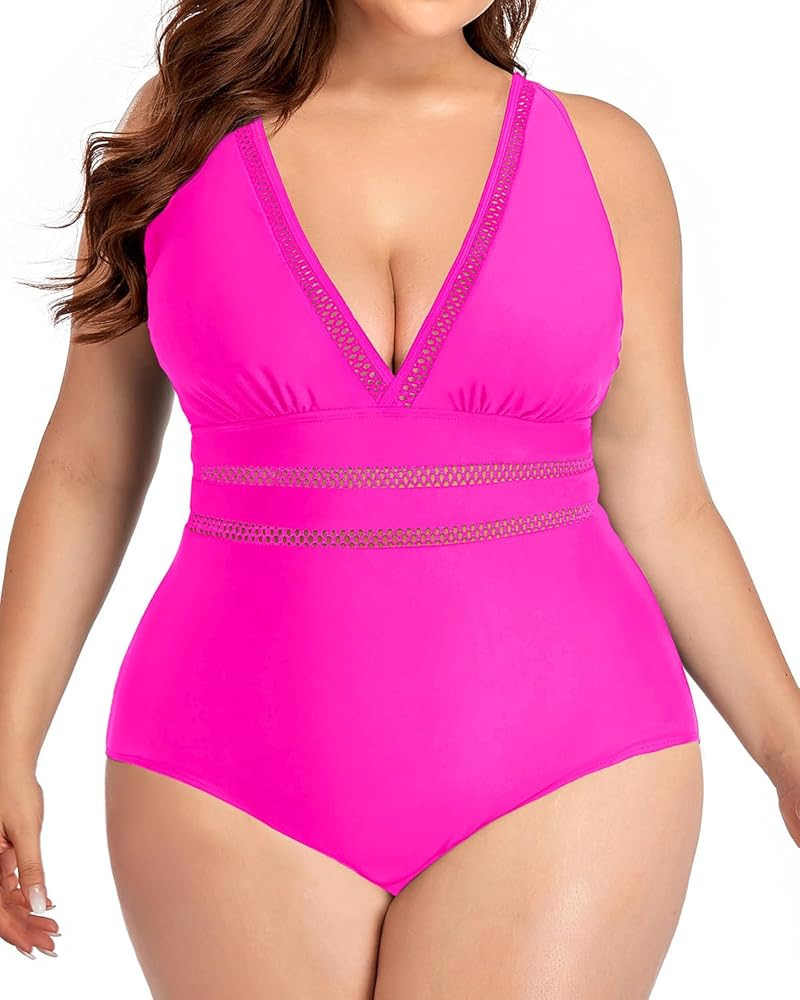 Daci Women Plus Size One Piece Swimsuits Plunge Sexy V Neck Bathing Suit Hollowed Swimwear | Amazon (US)