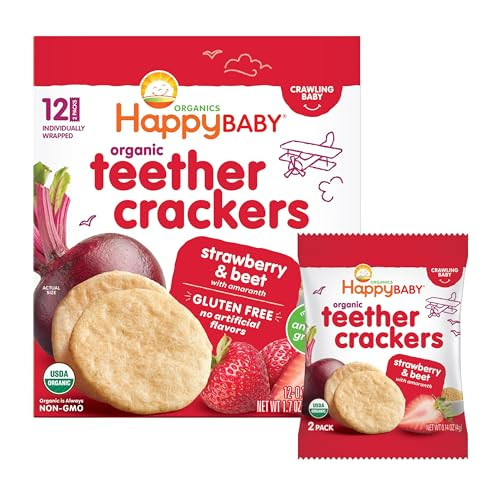 Happy Baby Organics Baby Snacks, Gentle Teething Crackers, Gluten Free & Vegan, Strawberry & Beet, 12 Count (Pack of 6) | Amazon (US)