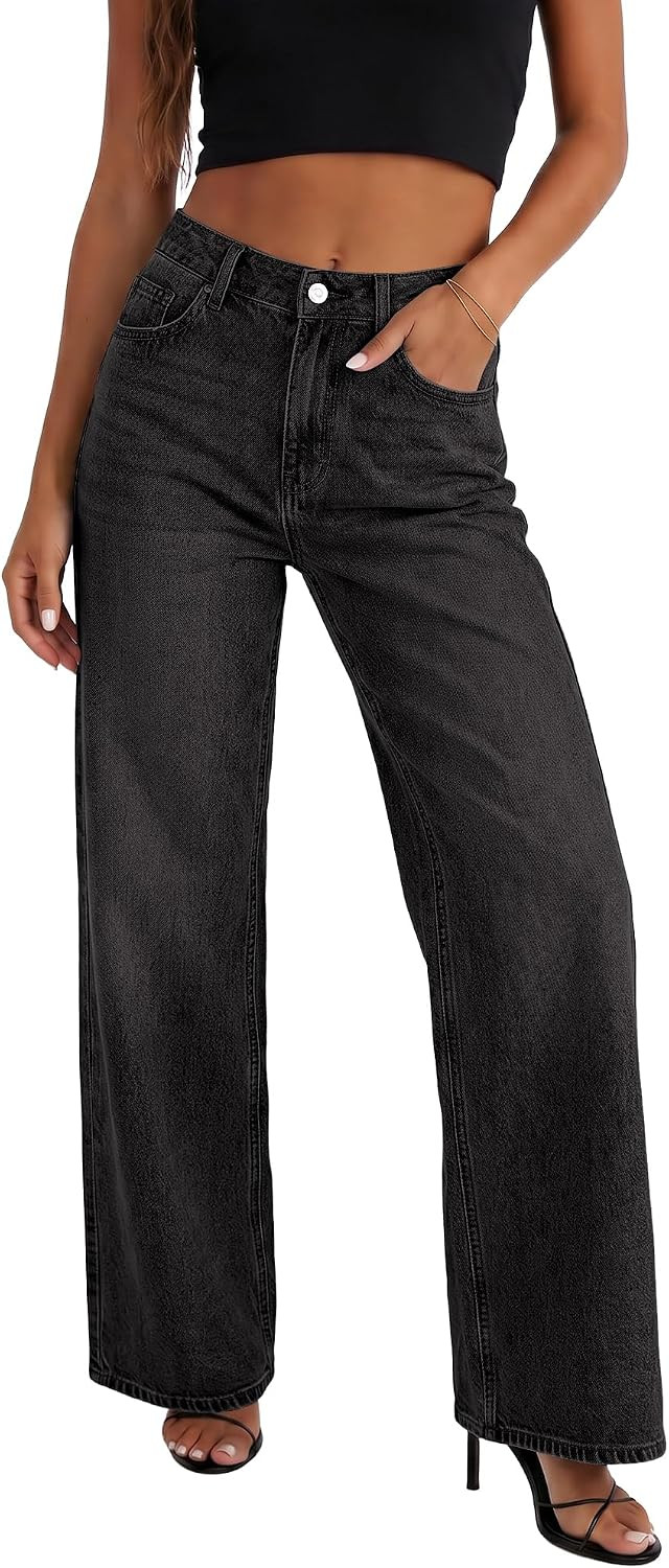 HDLTE Straight Leg Jeans for Women, High Waisted Wide Leg Jeans Loose Stretchy Denim Pants Trousers Trendy with Pockets | Amazon (US)