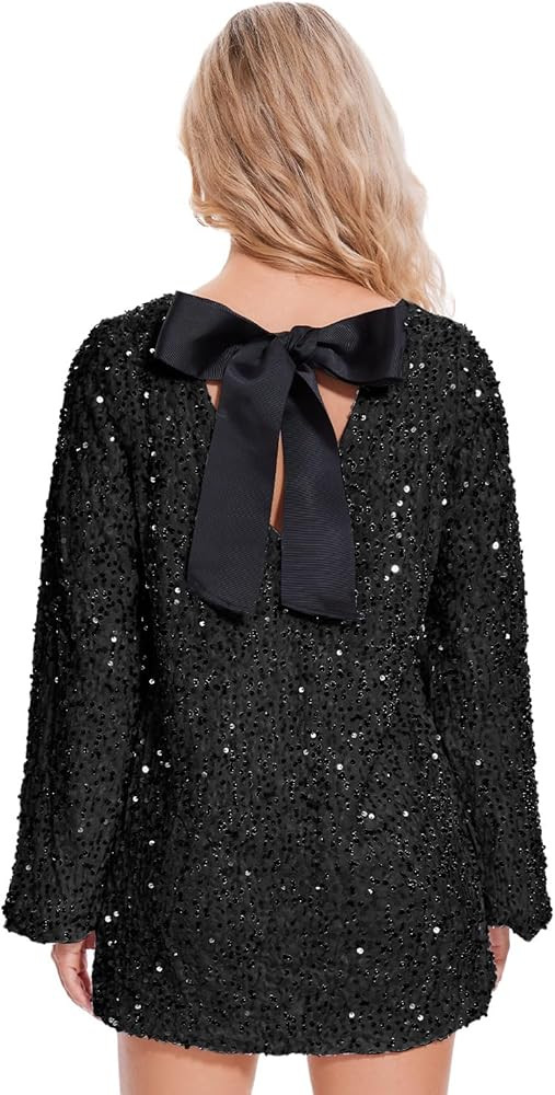 Ypser Women Sequin Dress with Ribbon Bow Tie Long Sleeve Sparkly Mini Dress for Night Out Party | Amazon (US)