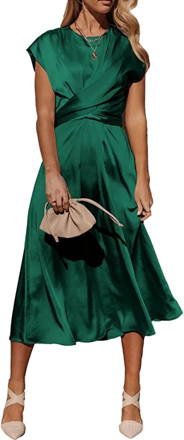 PRETTYGARDEN Women's 2023 Summer Satin Midi Dress Cap Sleeve Tie Waist Elegant A-Line Flowy Dress... | Amazon (US)