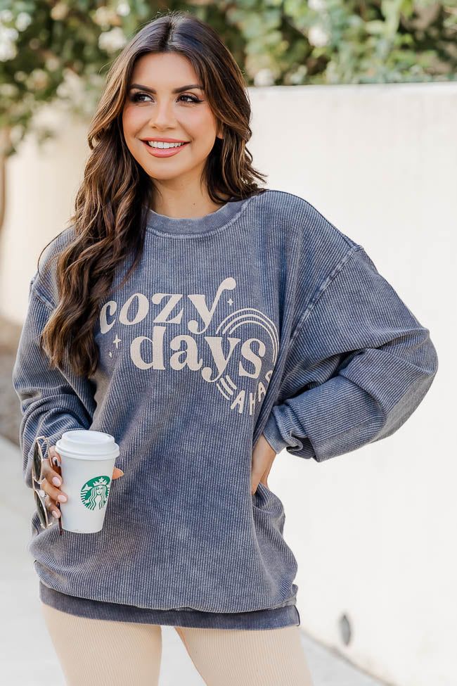 Cozy Days Ahead Charcoal Corded Graphic Sweatshirt | Pink Lily