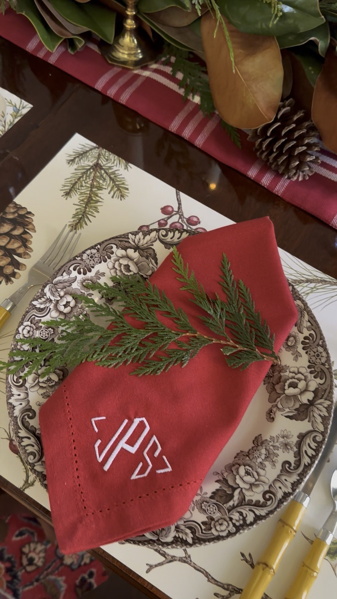 Loving this rustic Christmas table!  Spode Delamere works beautifully with magnolia, pinecones and embroidered red napkins. 

#LTKHome #LTKWatchNow #LTKHoliday