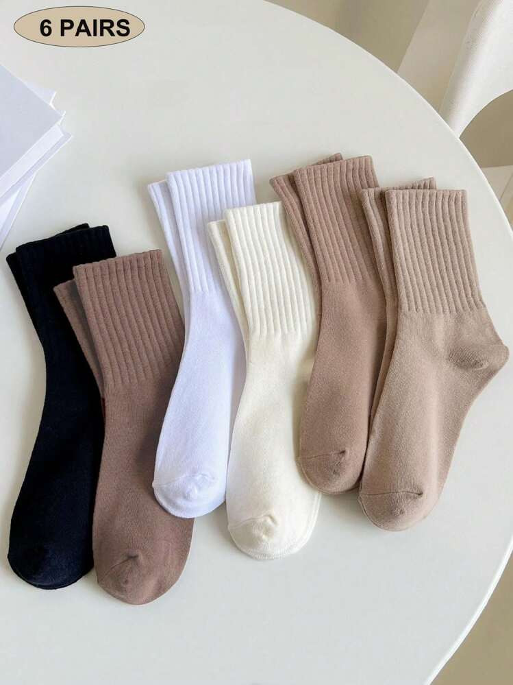 6 Pairs Solid Color Casual Sport Crew Socks, For Women, Autumn/Winter | SHEIN