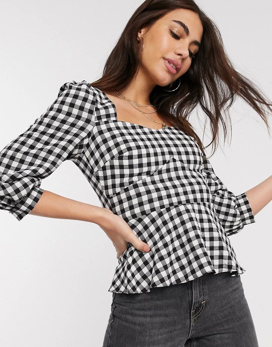 Warehouse gingham check square neck top in black | ASOS (Global)