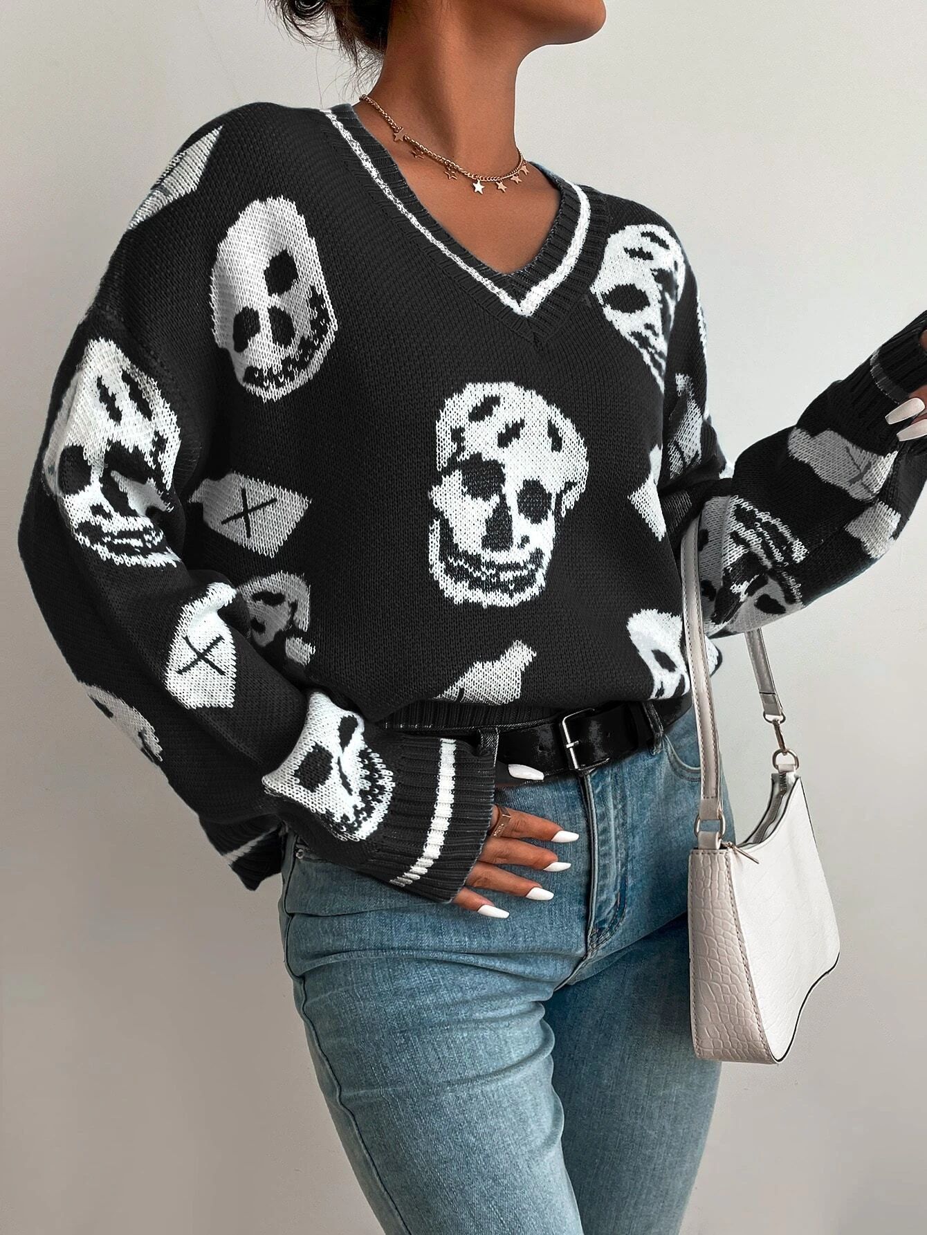 Skull Pattern Drop Shoulder Sweater | SHEIN