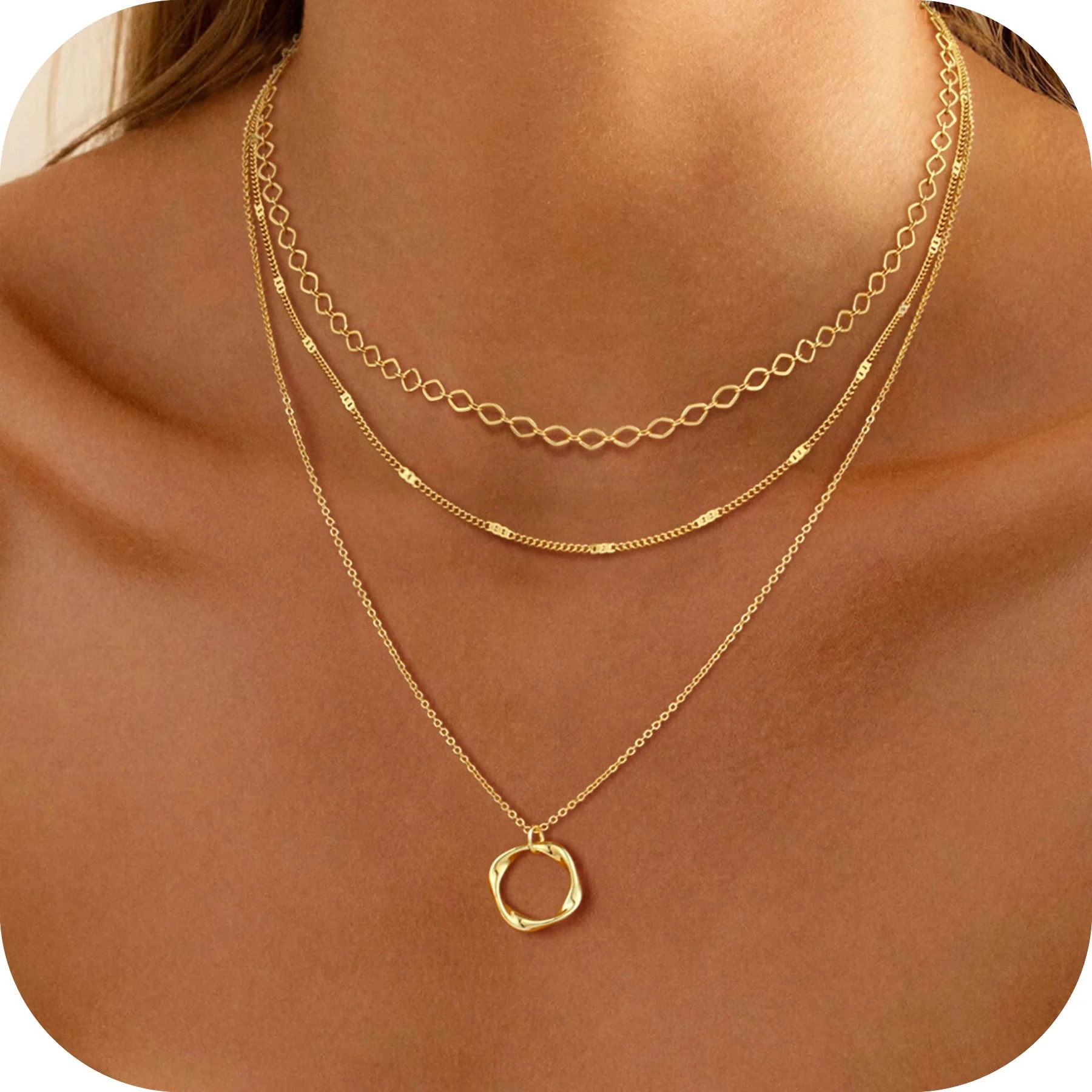 GOSFRY 3 layer 14K Gold/Silver Plated Necklaces Set for Women Dainty Stackable Circle Pendant Cha... | Walmart (US)