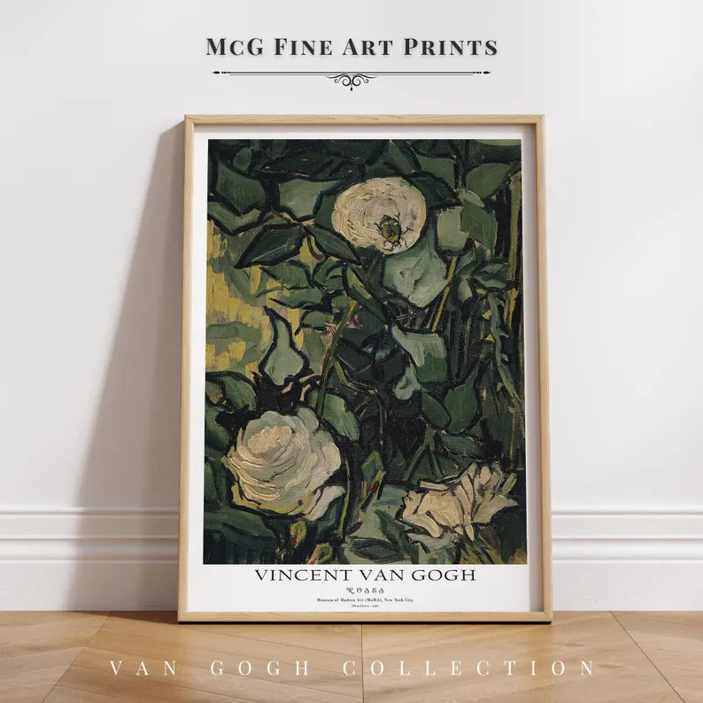 Roses Van Gogh Gallery Wall Art Flower Print Vintage Green Still Life Floral Painting Poster Mid ... | Etsy (US)