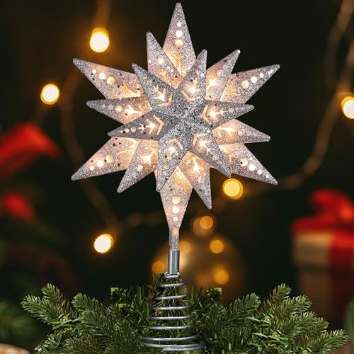 ODEETRONIC Silver Glittered Snowflake Tree Topper, 8 in 3D Christmas Tree Star Topper with 25 Cle... | Amazon (US)