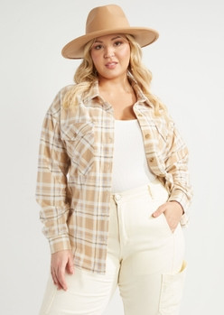 Plus Taupe Plaid Plush Oversized Button Down | rue21