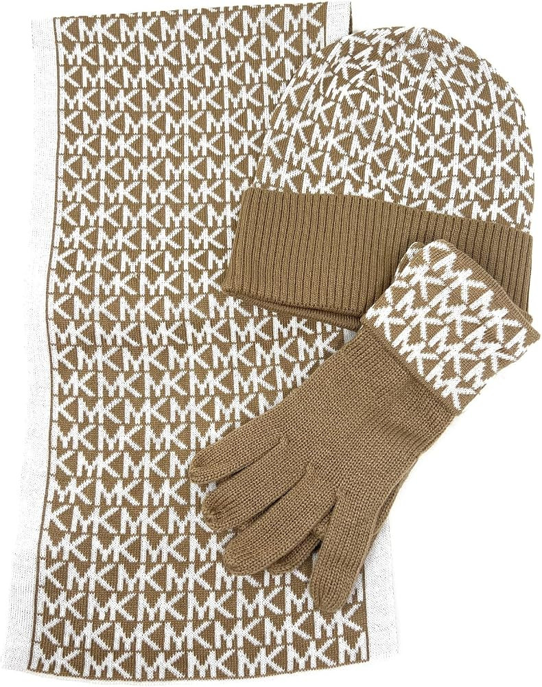 Michael Kors Women's Circle Logo Scarf, Hat, Glove Set, Camel/Cream | Amazon (US)
