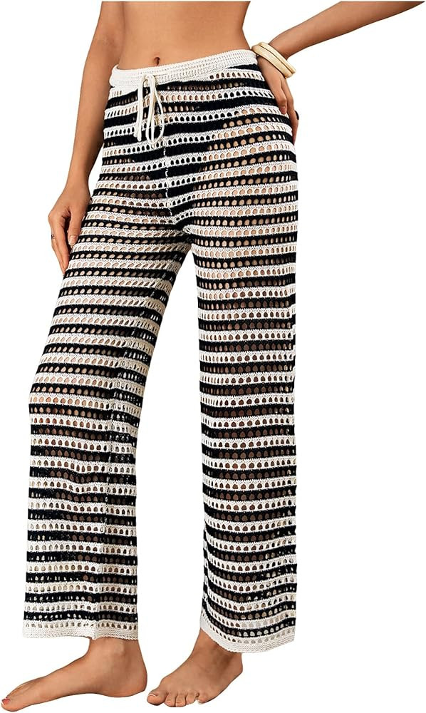 Verdusa Women's Hollow Out Crochet Knit Striped High Waist Swimwear Cover Up Pants | Amazon (US)