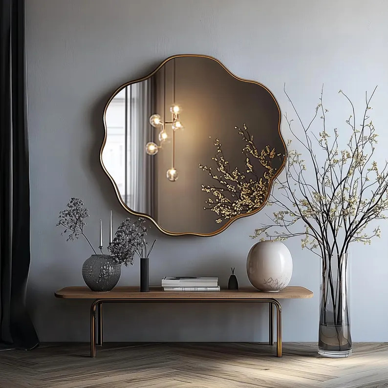 Scalloped Gold Frame Wall Mirror, Luxury Asymmetrical Vanity Mirror, Modern Decorative Bathroom M... | Etsy (US)