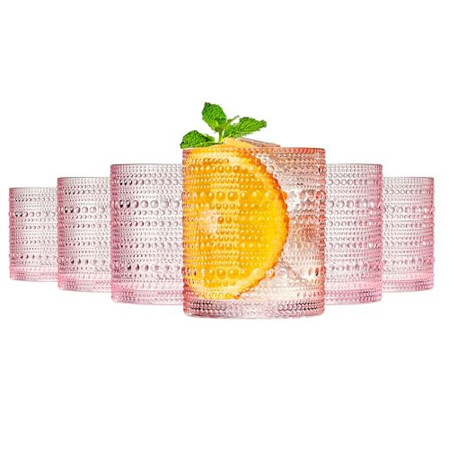 Khen Hobnail Beaded Highball Drinking Tumbler Glasses | Set of 6 | Pastel Pink Color, Vintage Bubble Design Whiskey Glassware, Rocks Glasses | Amazon (US)