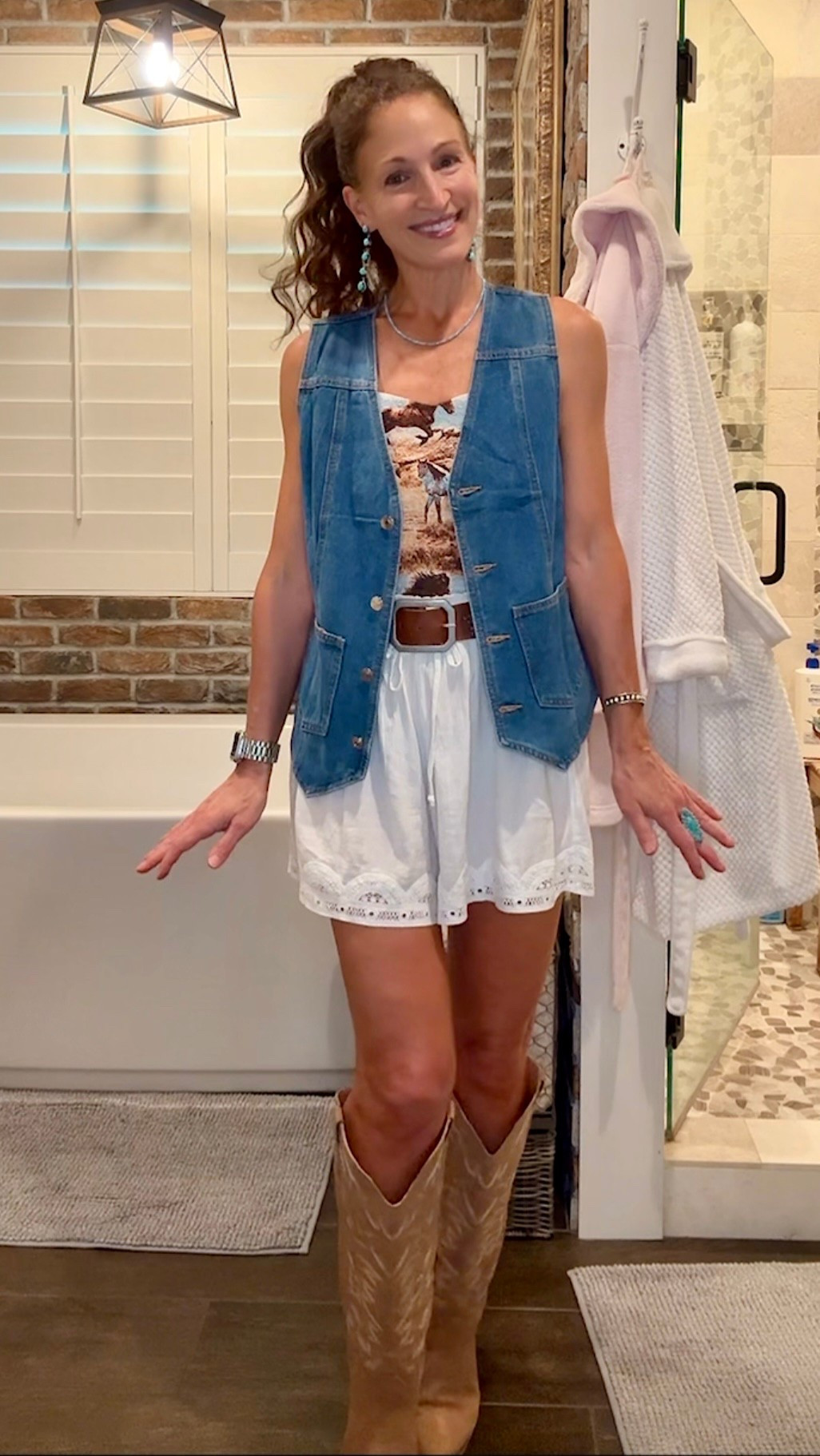 OOTD!  Wore this for my big grocery trip to WalMart!  I like getting dressed. It makes me feel better about myself. These shirts have been versatile and fun to style. They’re on sale at Aerie for $15!!! The vest, boots, and ring are Amazon and I’ve worn them a ton!  Rule of thumb:  match your leathers. My belt and boots aren’t a perfect match…but I think it works!

#LTKFindsUnder50 #LTKSummerEdit #LTKSaleAlert