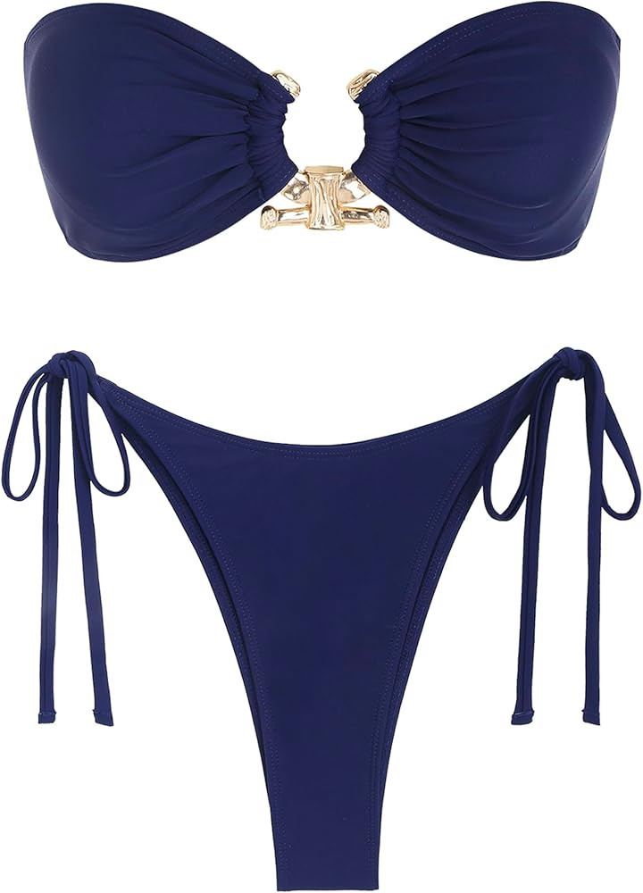 ZAFUL Metal Ring Bandeau Bikini Set Tie Side Bathing Suit High Cut 2 Piece Swimsuit Cutout Swimwe... | Amazon (US)