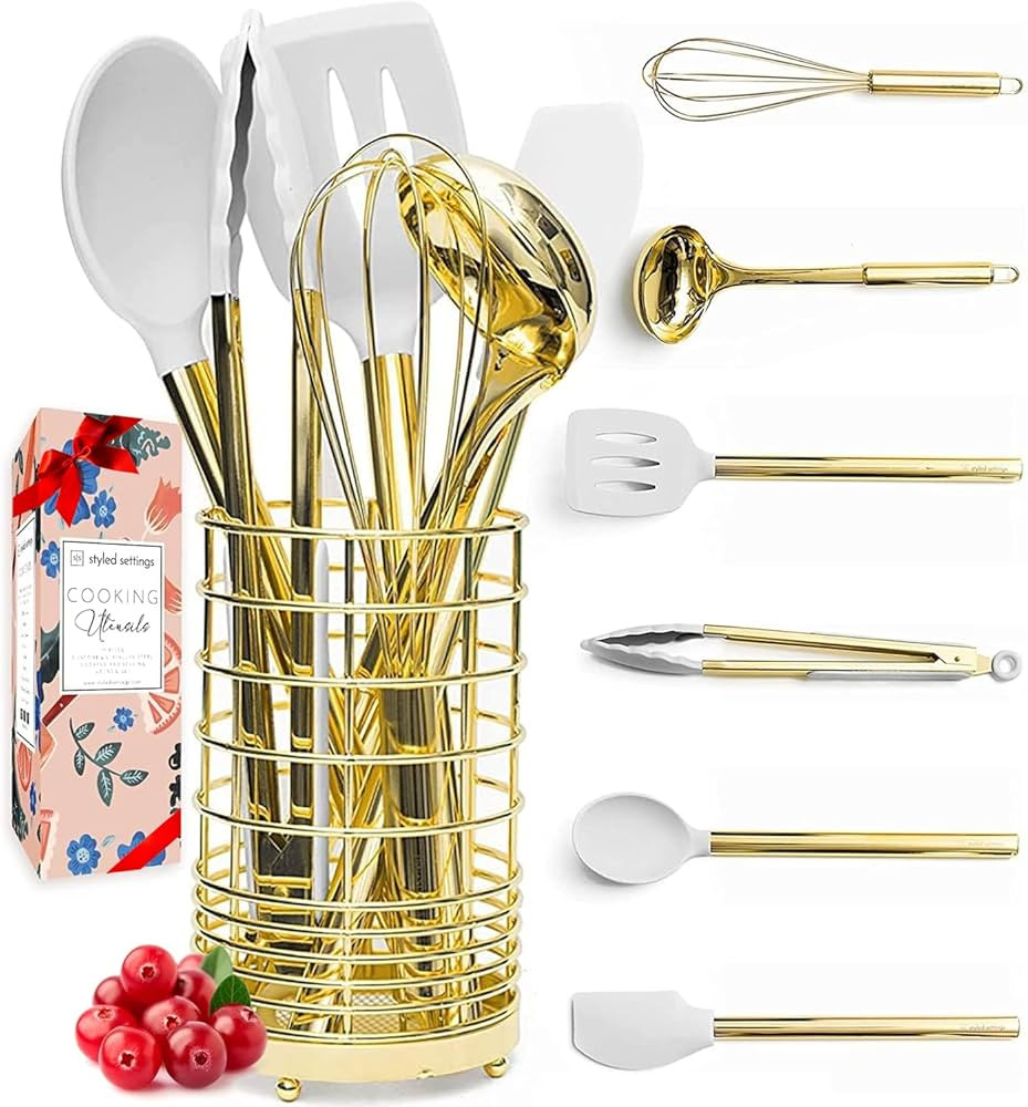 White Silicone and Gold Cooking Utensils Set with Holder - 7PC Silicone Cooking Utensils Set Incl... | Amazon (US)