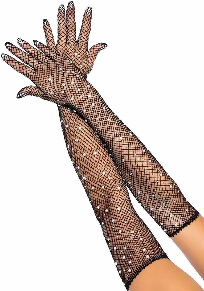 JKJF Women's Rhinestone Fishnet Long Gloves Stretchy Opera Party Gloves Sparkly Mesh Stockings Gl... | Amazon (US)