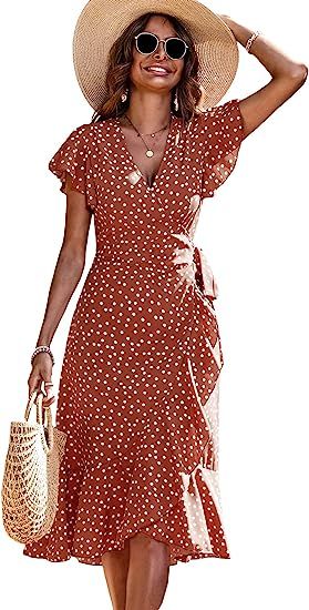 Floerns Women's Polka Dots Short Sleeve V Neck Ruffle Hem A Line Midi Dress | Amazon (US)