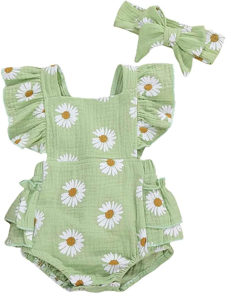 Baby Girls Daisy Playsuits Ruffled Bodysuit+Headband Print Fly Sleeve Romper Floral Jumpsuit Infa... | Amazon (US)