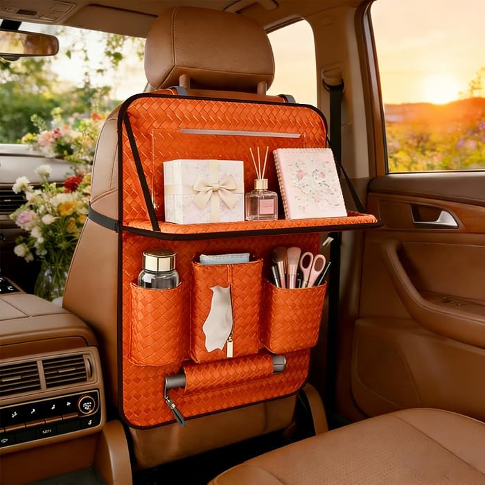Car Back Seat Organizer, Black Woven Leather Storage Bag, Multifunctional Rear Seat Protector wit... | Amazon (US)