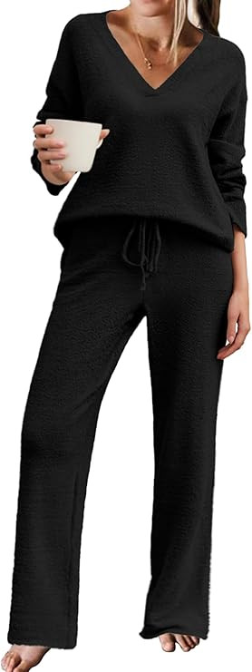 Ekouaer Pajamas for Women 2 Piece Lounge Set Fuzzy Fleece Long Sleeve Pullover Sweater Top Wide L... | Amazon (US)