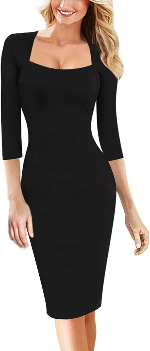 Vfshow Womens Square Neck Work Business Cocktail Party Bodycon Sheath Dress | Amazon (US)