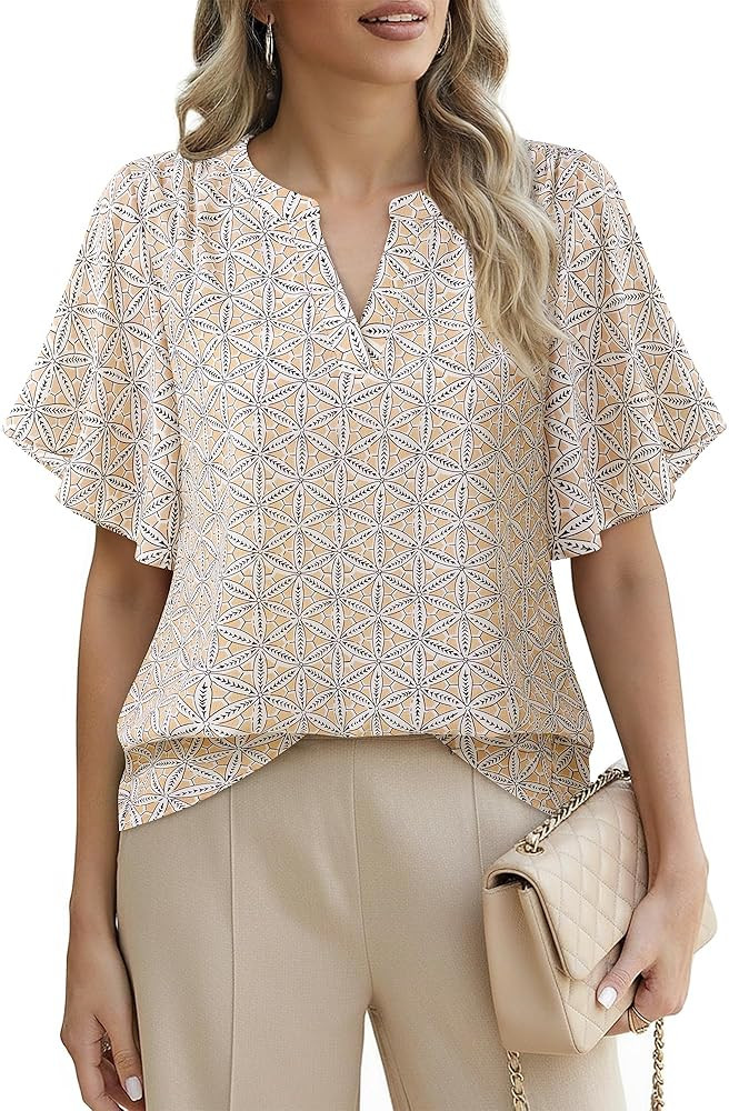 VALOLIA Womens Dressy Casual Blouses Tops Short Sleeve V Neck Floral Business Work Shirts | Amazon (US)