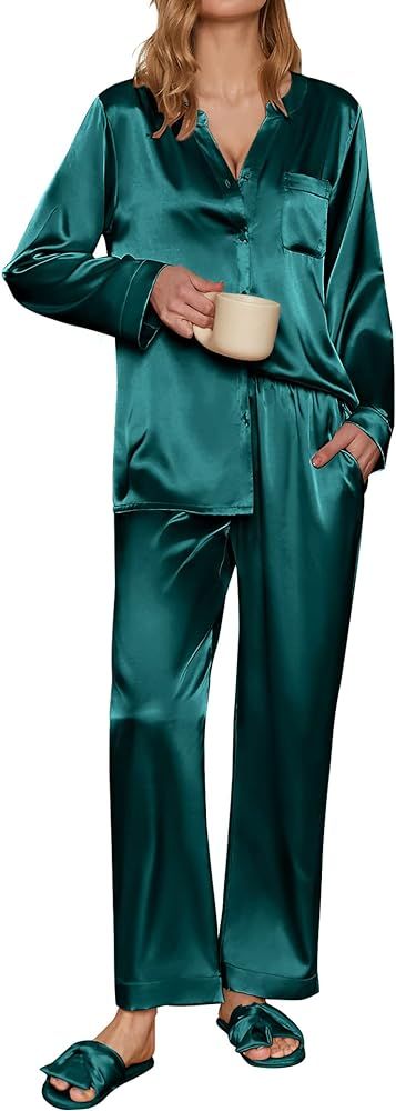Ekouaer Satin Pajamas Set Women's Long Sleeve Sleepwear Classic Button Down Loungewear V-Neck Sil... | Amazon (US)