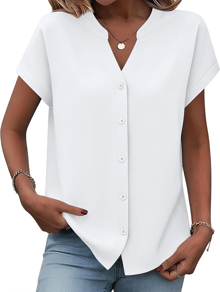 Zeagoo Button Down Shirts for Women Short Sleeve Tops V Neck Collar Blouses Business Casual Outfi... | Amazon (US)