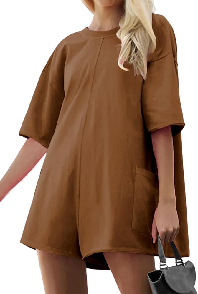 NUFIWI Women Athletic Short Sleeve Romper Oversized Workout Tee Jumpsuit Back V Neck One Piece Ro... | Amazon (US)