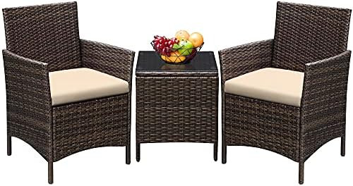 Greesum 3 Pieces Patio Furniture PE Rattan Wicker Chair Conversation Set, Brown and Beige, 26.6x1... | Amazon (US)