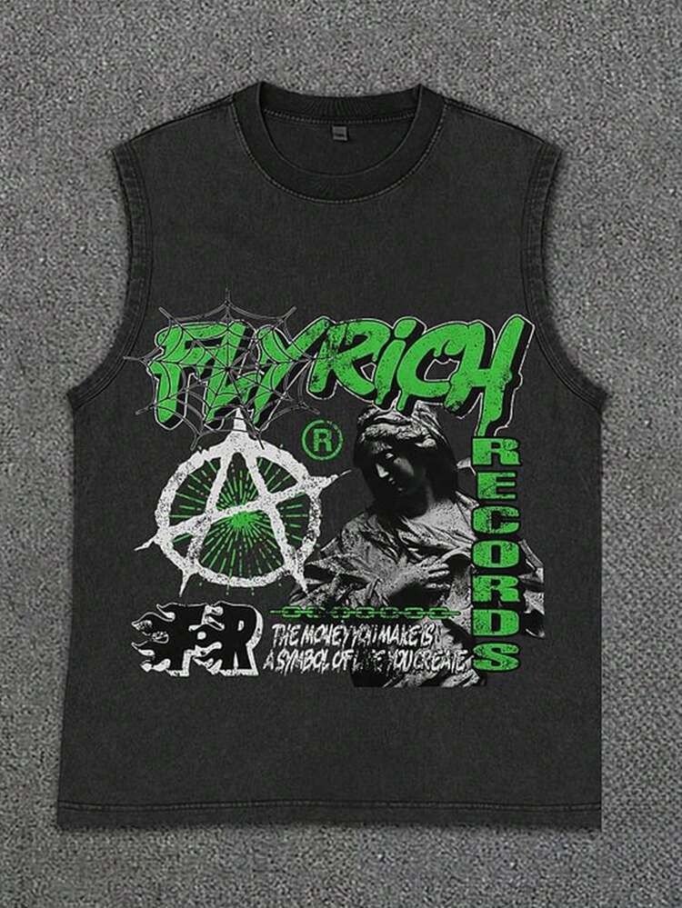 (240g Sleeveless Pure Cotton Washed Vest Double-Sided Printing) Portrait And Letter Double-Sided ... | SHEIN