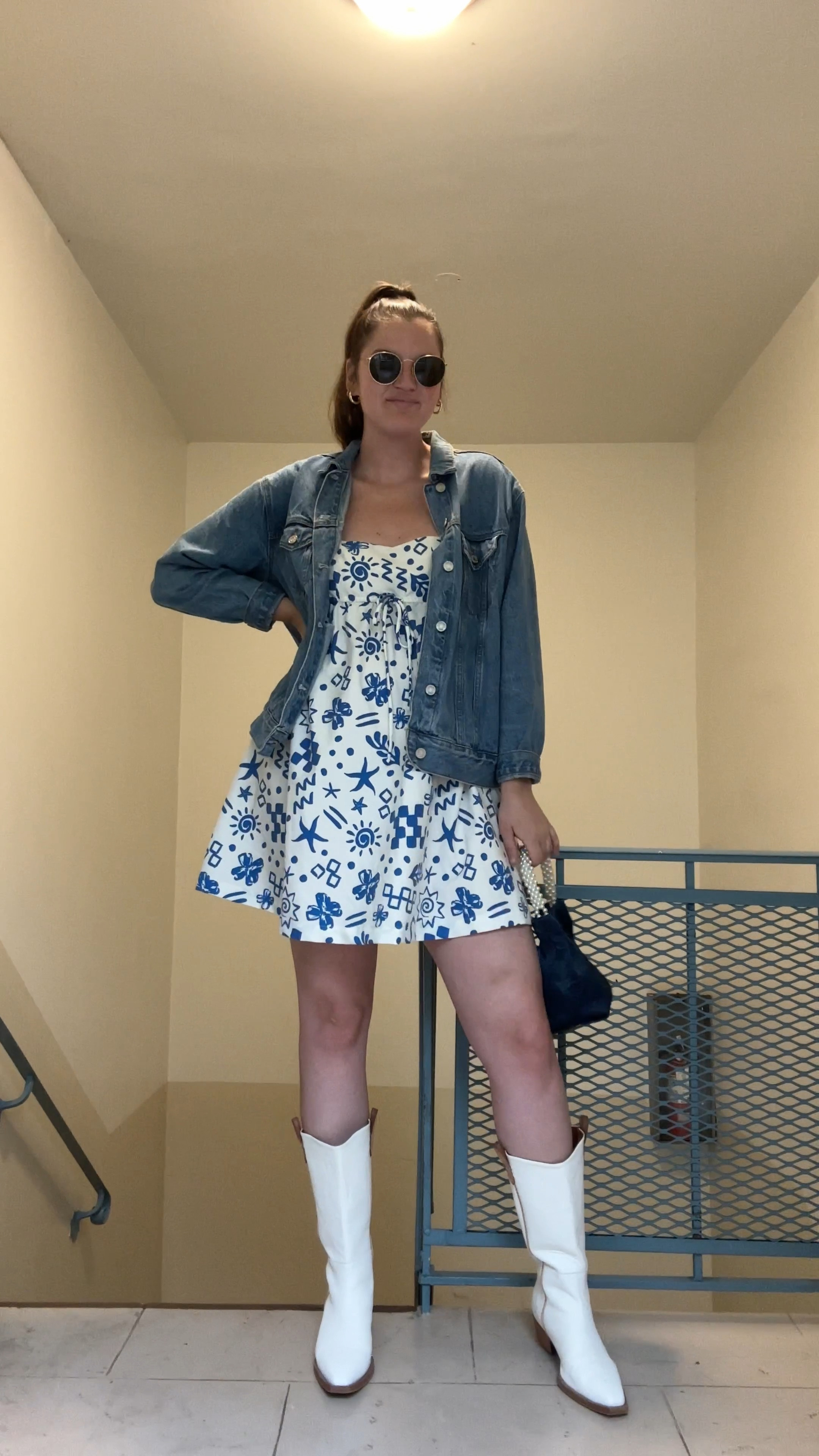 louna Babydoll Mini Dress, rent the runway, clothing rental, blue and white mini dress, spring / summer sundress, travel, casual outfit, free people We The Free Montage Tall Boots, white boots, comfy shoes, leather boots, cowboy boots, western, office outfit, wear to work, Amazon, gold jewelry from Amazon (hoop earrings, rings), rayban round sunglasses, navy blue bag with pearl strap, ruched purse, nordstrom levi's '90s Denim Trucker Jacket, jean jacket

#LTKunder50 #LTKunder100 #LTKstyletip