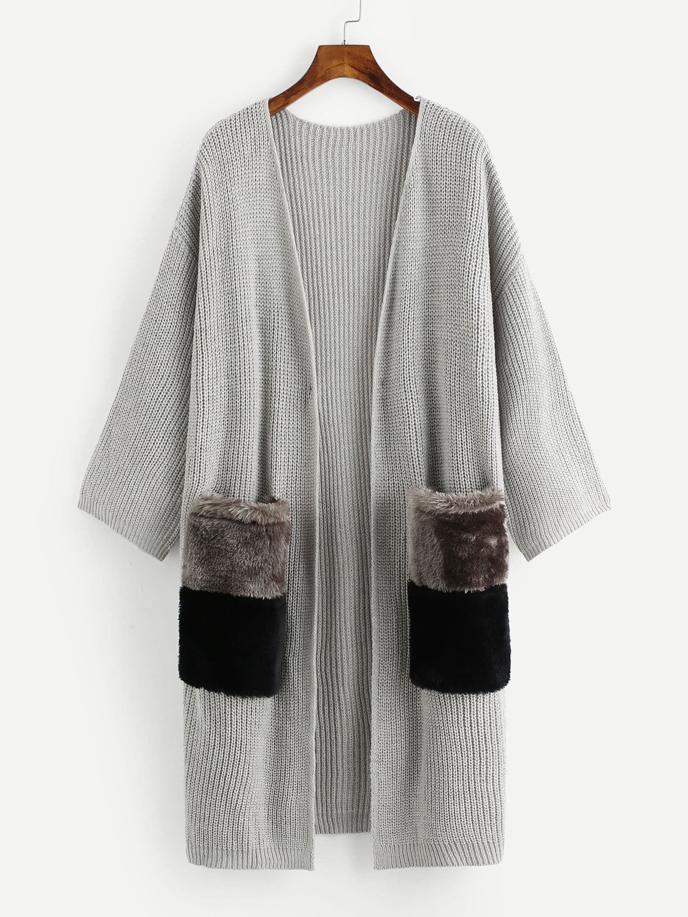 Contrast Faux Fur Pockets Longline Cardigan Sweater | SHEIN