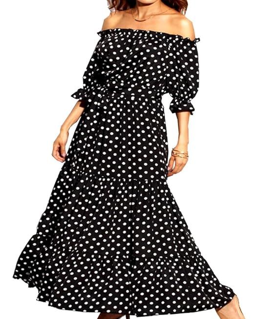 Aox Women Casual Off Shoulder Ruffle Sleeve Polka Dot Printed A Line Party Long Maxi Dress | Amazon (US)