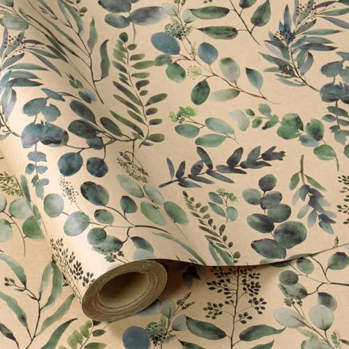 RUSPEPA Eucalyptus Leaf Gift Wrapping Paper, 17 Inches x 32.8 Feet, Mini Roll, Kraft Wrapping Paper Roll for Women, Spring, Summer, Wedding and Birthday | Amazon (US)
