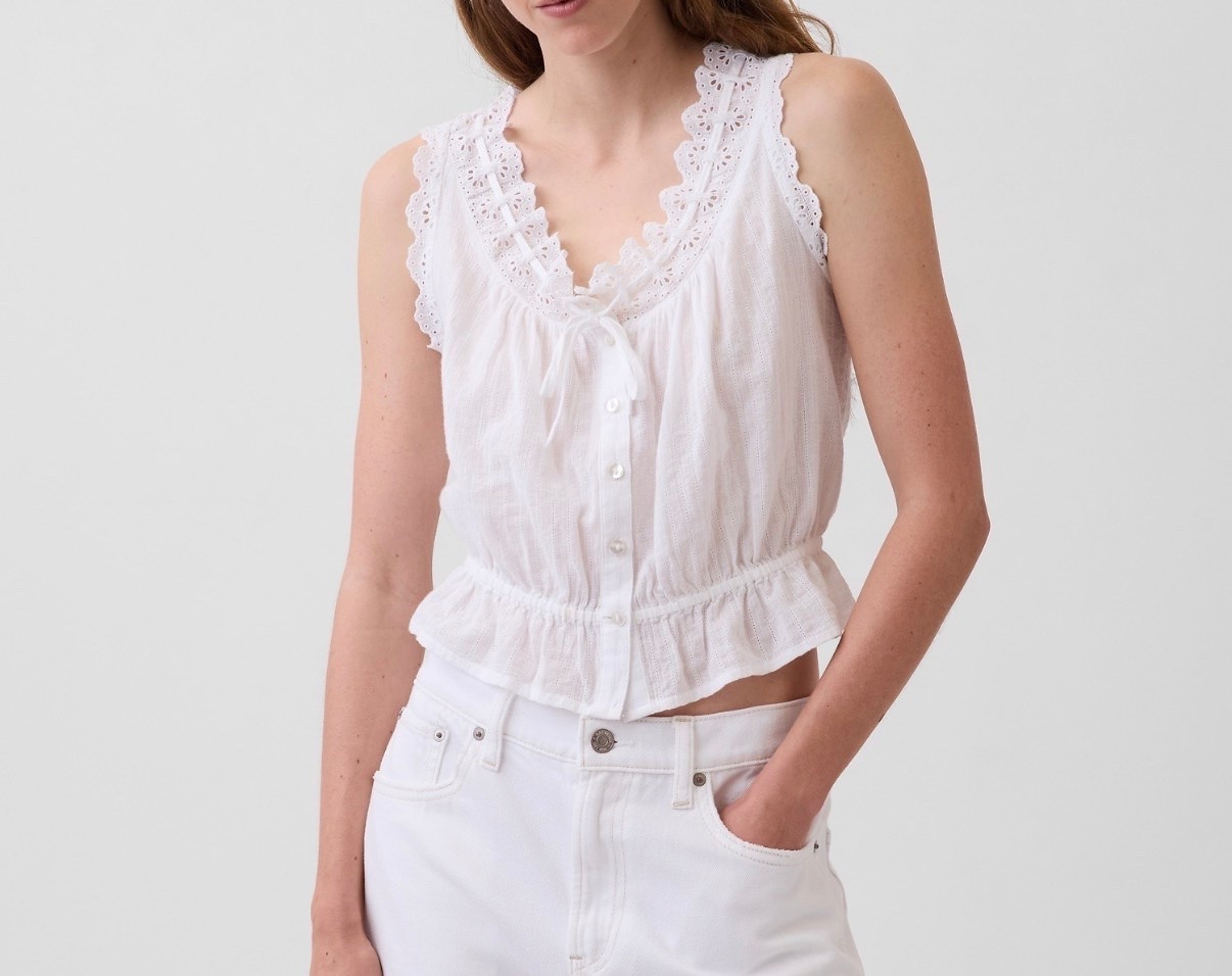 Gap peplum eyelet lace top. 

White. Spring. Summer. Under $100. Doen dupe.

#LTKMidsize #LTKSeasonal